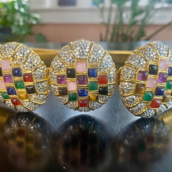 Judith Lieber Two Row Gold Tone Tubogas belt multi gemstone & rhinestone buckle main image 8